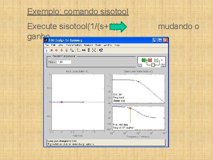 Exemplo: comando sisotool Execute sisotool(1/(s+1)) ganho mudando o 