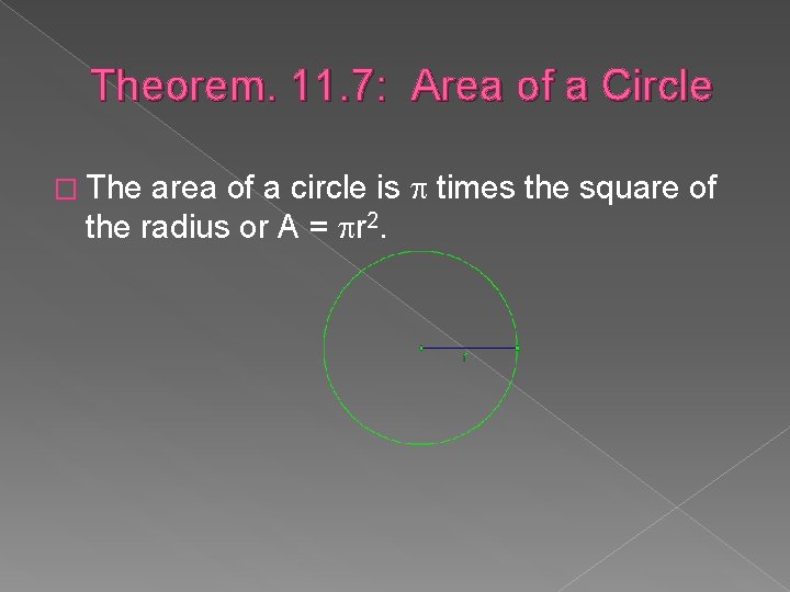 Theorem. 11. 7: Area of a Circle area of a circle is times the