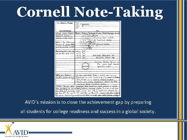 Cornell Note-Taking AVID’s mission is to close the achievement gap by preparing all students