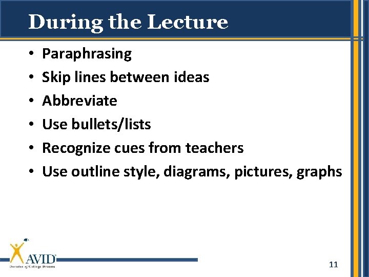 During the Lecture • • • Paraphrasing Skip lines between ideas Abbreviate Use bullets/lists