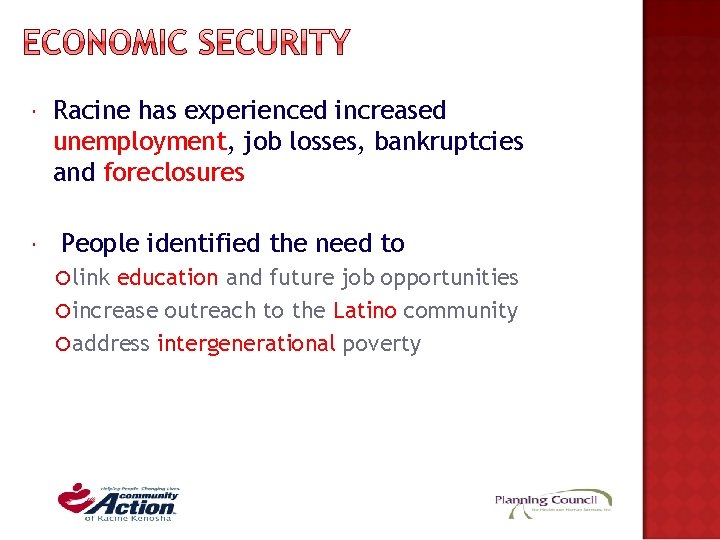 Racine has experienced increased unemployment, job losses, bankruptcies and foreclosures People identified the Racine has experienced increased unemployment, job losses, bankruptcies and foreclosures People identified the