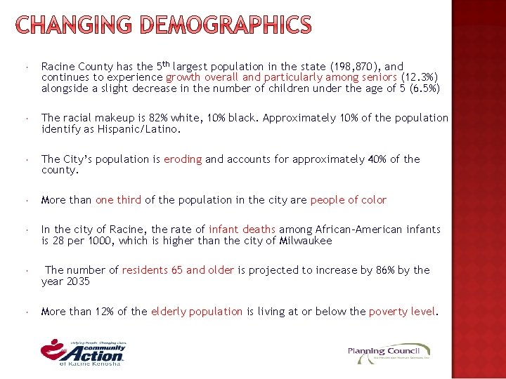 Racine County has the 5 th largest population in the state (198, 870), Racine County has the 5 th largest population in the state (198, 870),
