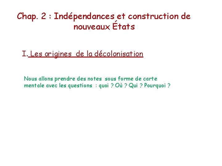 Chap. 2 : Indépendances et construction de nouveaux États I. Les origines de la