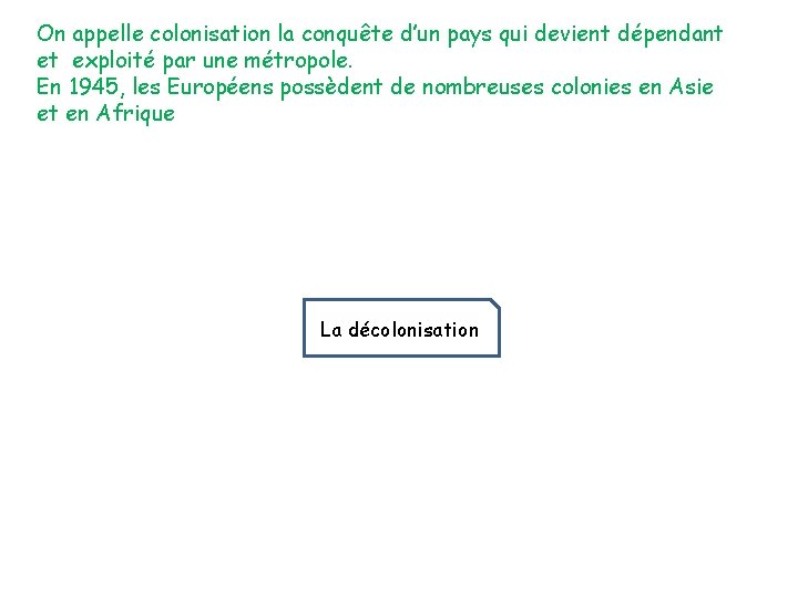 On appelle colonisation la conquête d’un pays qui devient dépendant et exploité par une