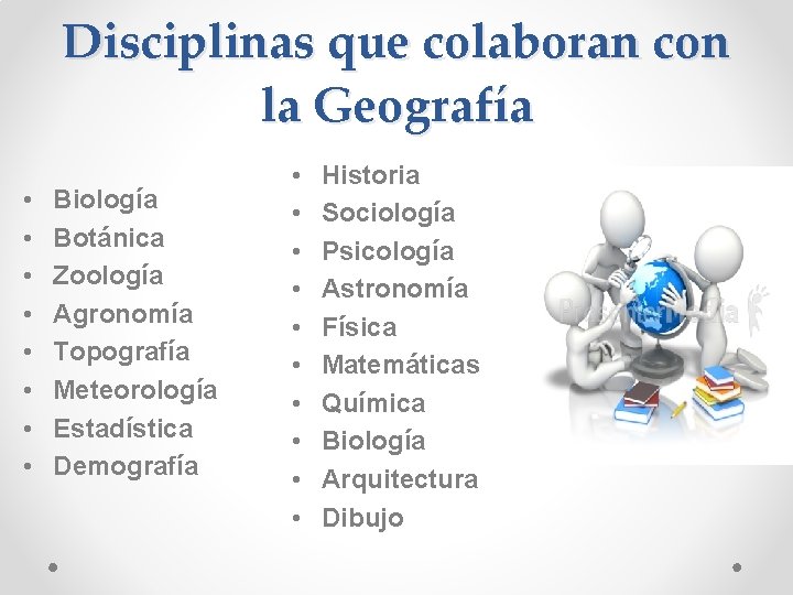 Disciplinas que colaboran con la Geografía • • Biología Botánica Zoología Agronomía Topografía Meteorología