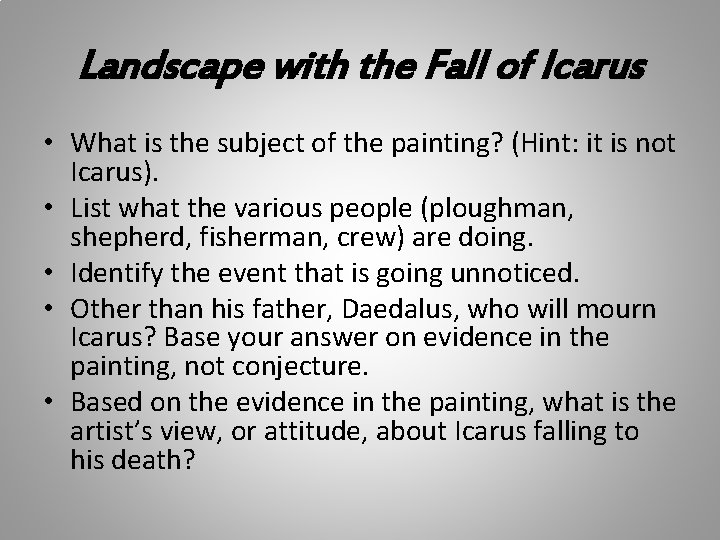 Landscape with the Fall of Icarus • What is the subject of the painting?
