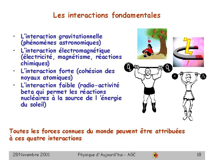 Les interactions fondamentales • L’interaction gravitationnelle (phénomènes astronomiques) • L’interaction électromagnétique (électricité, magnétisme, réactions