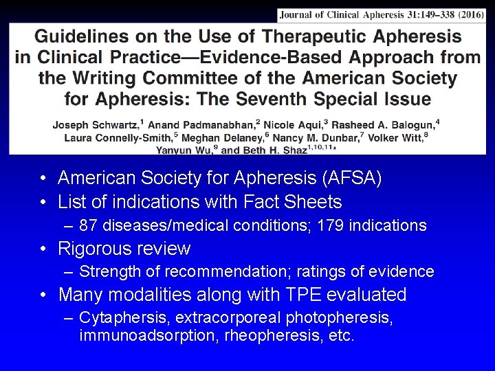 • American Society for Apheresis (AFSA) • List of indications with Fact Sheets