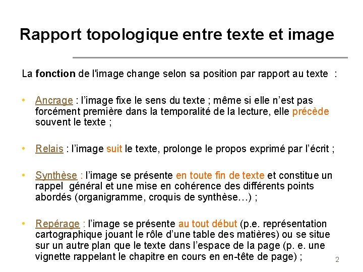 Rapport topologique entre texte et image La fonction de l'image change selon sa position