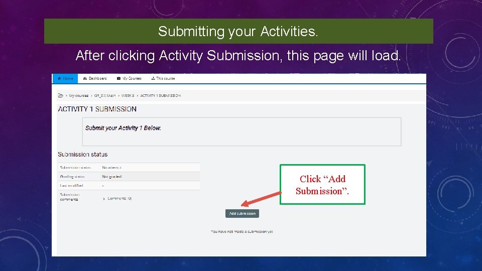 Submitting your Activities. After clicking Activity Submission, this page will load. Click “Add Submission”.