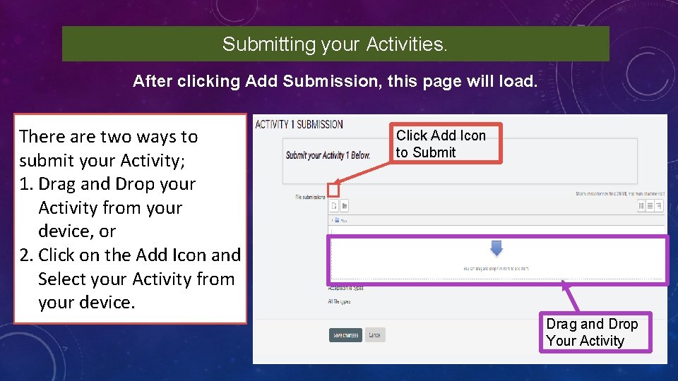 Submitting your Activities. After clicking Add Submission, this page will load. There are two