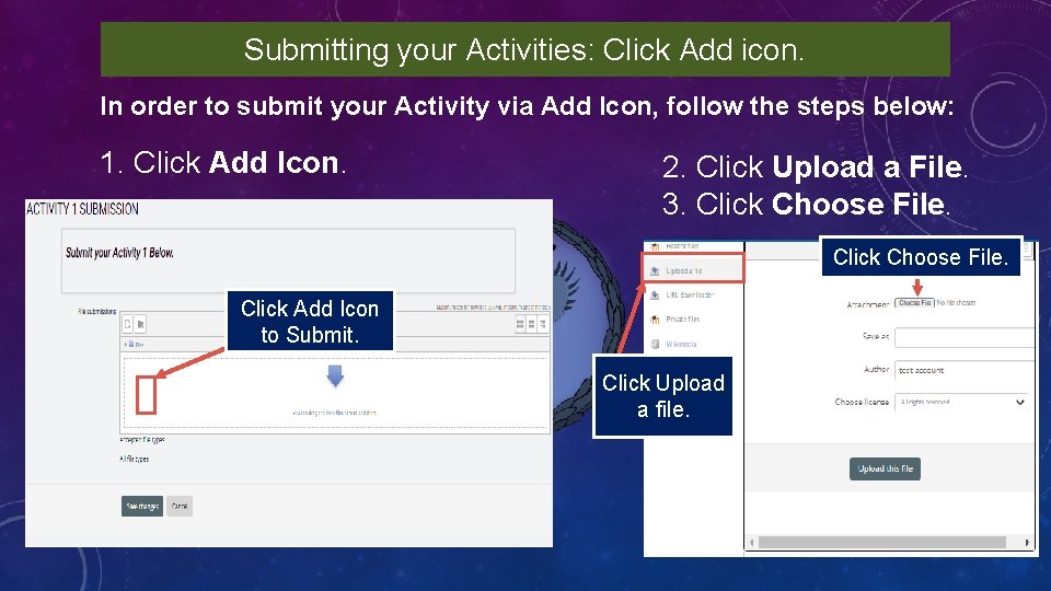 Submitting your Activities: Click Add icon. In order to submit your Activity via Add