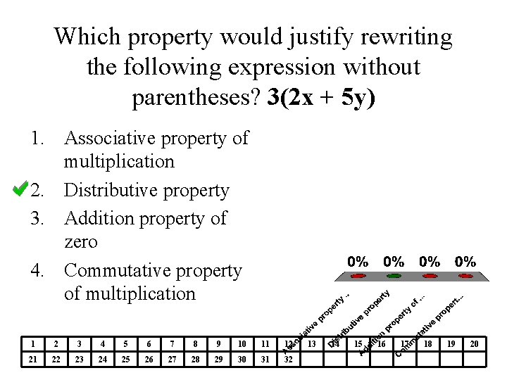 Which property would justify rewriting the following expression without parentheses? 3(2 x + 5