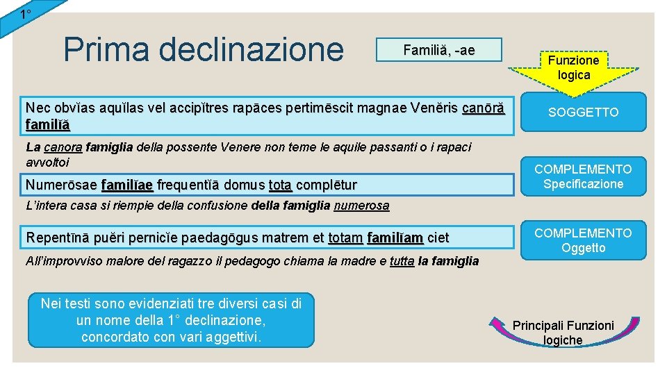 1° Prima declinazione Familiă, -ae Nec obvĭas aquĭlas vel accipĭtres rapāces pertimēscit magnae Venĕris