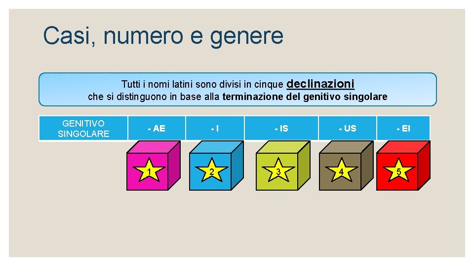 Casi, numero e genere Tutti i nomi latini sono divisi in cinque declinazioni che