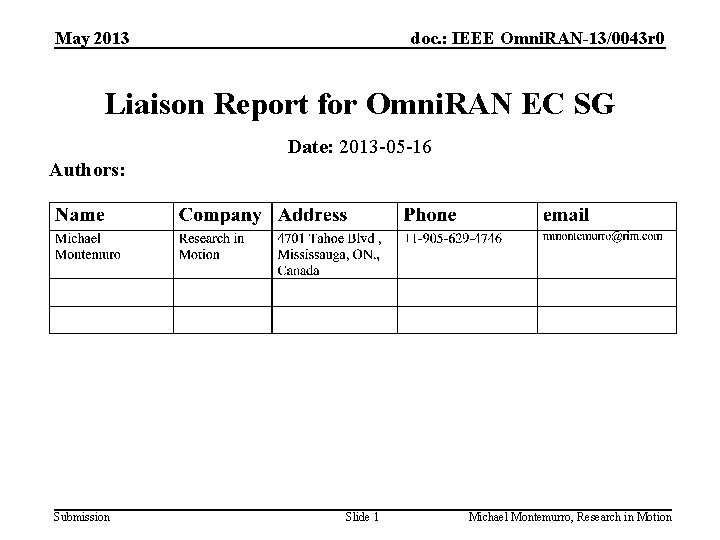 May 2013 doc. : IEEE Omni. RAN-13/0043 r 0 Liaison Report for Omni. RAN