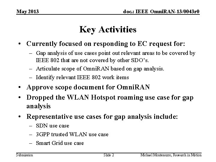 May 2013 doc. : IEEE Omni. RAN-13/0043 r 0 Key Activities • Currently focused