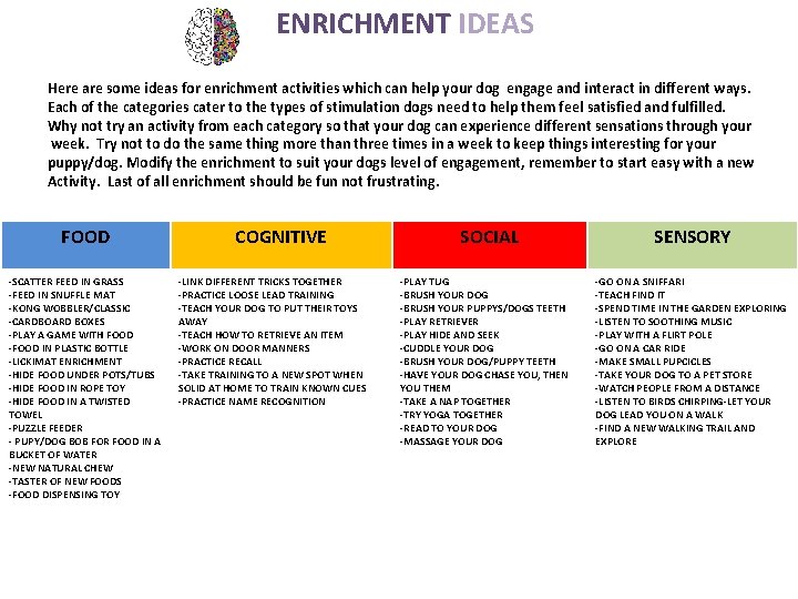 ENRICHMENT IDEAS Here are some ideas for enrichment activities which can help your dog