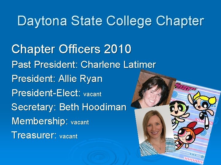 Daytona State College Chapter Officers 2010 Past President: Charlene Latimer President: Allie Ryan President-Elect: