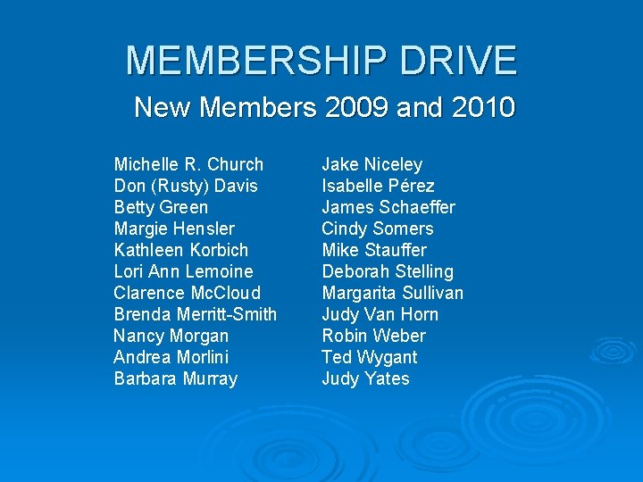 MEMBERSHIP DRIVE New Members 2009 and 2010 Michelle R. Church Don (Rusty) Davis Betty