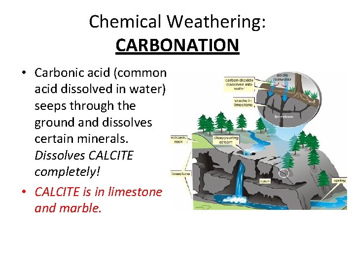 Chemical Weathering: CARBONATION • Carbonic acid (common acid dissolved in water) seeps through the