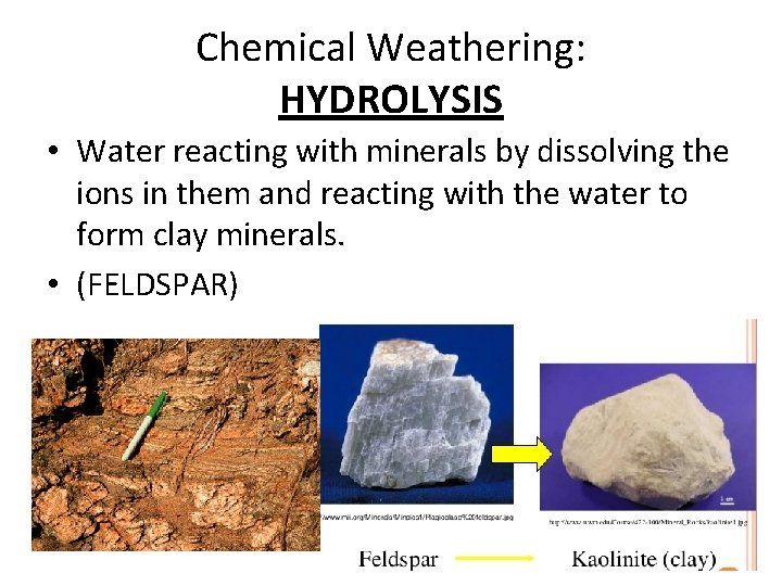 Chemical Weathering: HYDROLYSIS • Water reacting with minerals by dissolving the ions in them