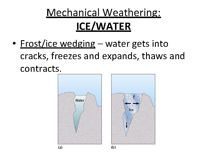 Mechanical Weathering: ICE/WATER • Frost/ice wedging – water gets into cracks, freezes and expands,