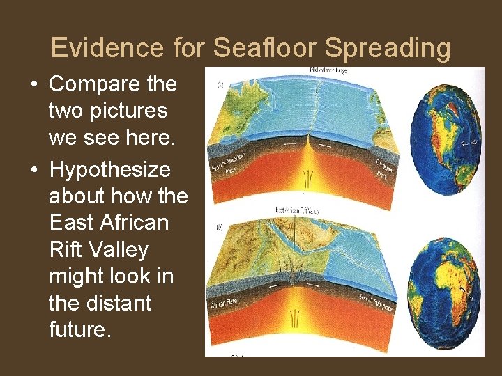 Evidence for Seafloor Spreading • Compare the two pictures we see here. • Hypothesize