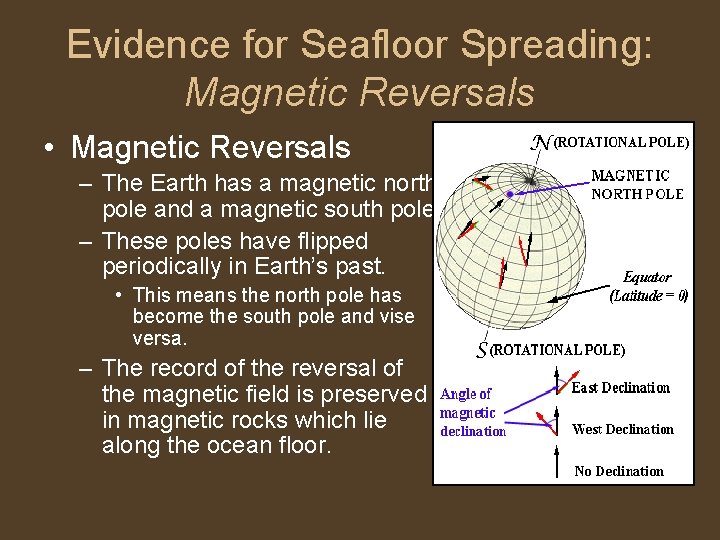 Evidence for Seafloor Spreading: Magnetic Reversals • Magnetic Reversals – The Earth has a