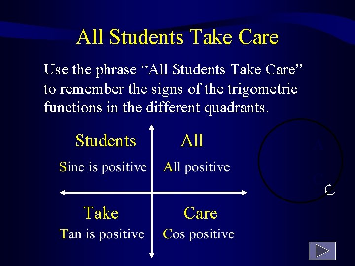 All Students Take Care Use the phrase “All Students Take Care” to remember the