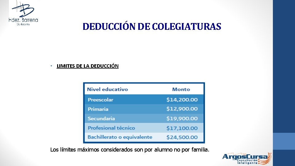 DEDUCCIÓN DE COLEGIATURAS • LIMITES DE LA DEDUCCIÓN Los límites máximos considerados son por