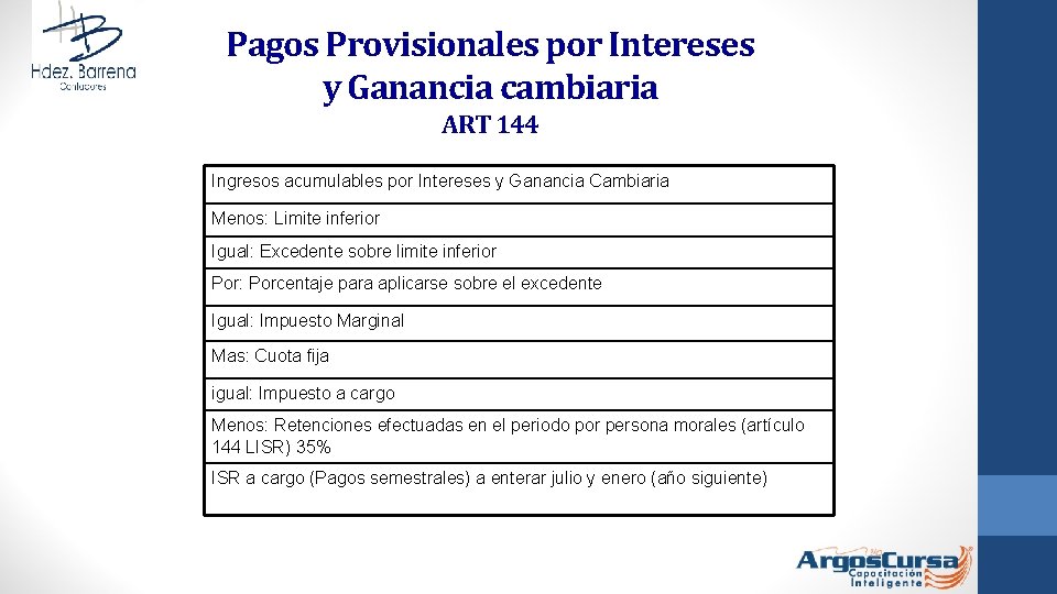 Pagos Provisionales por Intereses y Ganancia cambiaria ART 144 Ingresos acumulables por Intereses y