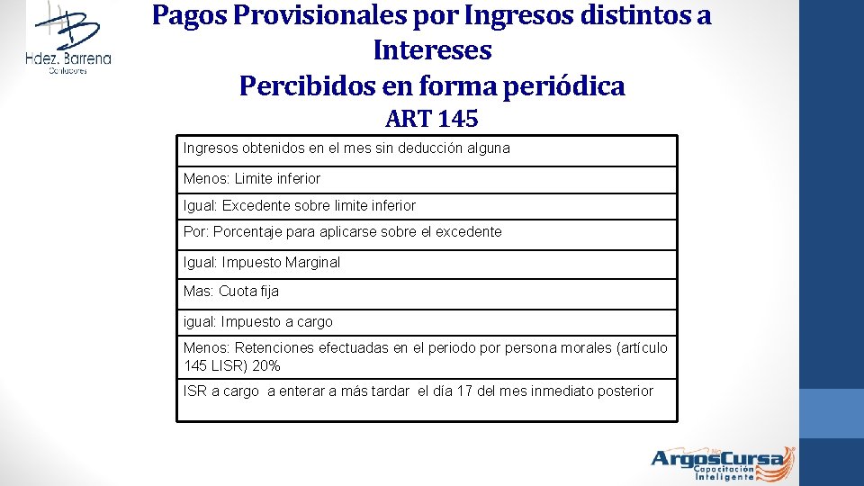 Pagos Provisionales por Ingresos distintos a Intereses Percibidos en forma periódica ART 145 Ingresos