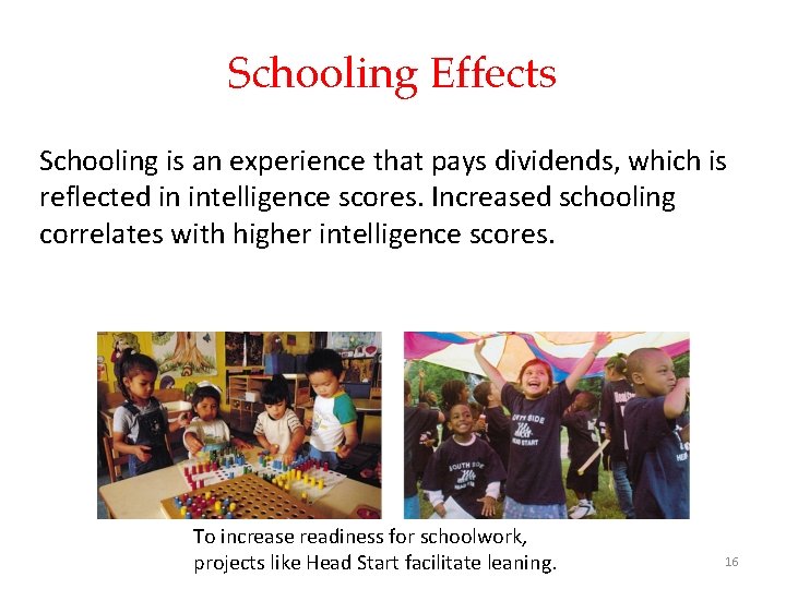 Schooling Effects Schooling is an experience that pays dividends, which is reflected in intelligence