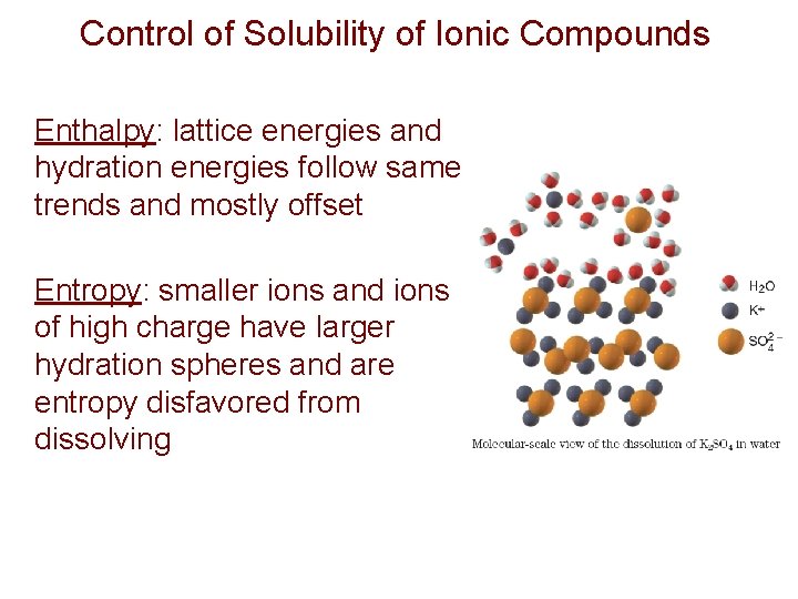 Control of Solubility of Ionic Compounds Enthalpy: lattice energies and hydration energies follow same
