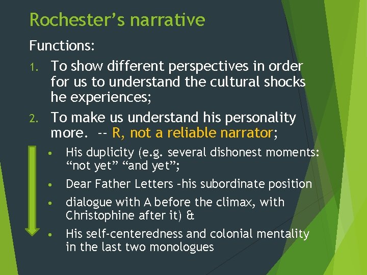 Rochester’s narrative Functions: 1. To show different perspectives in order for us to understand