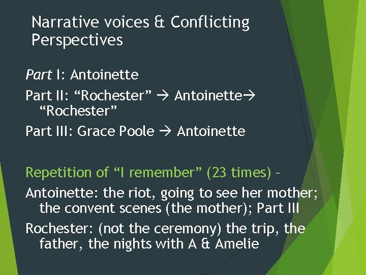 Narrative voices & Conflicting Perspectives Part I: Antoinette Part II: “Rochester” Antoinette “Rochester” Part