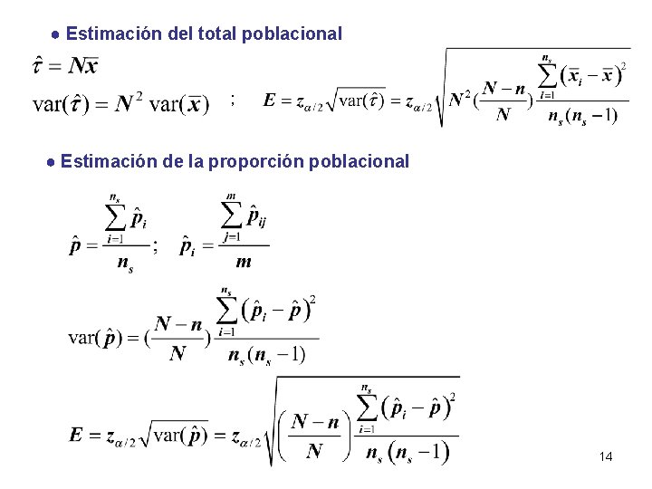 ● Estimación del total poblacional ; ● Estimación de la proporción poblacional 14 