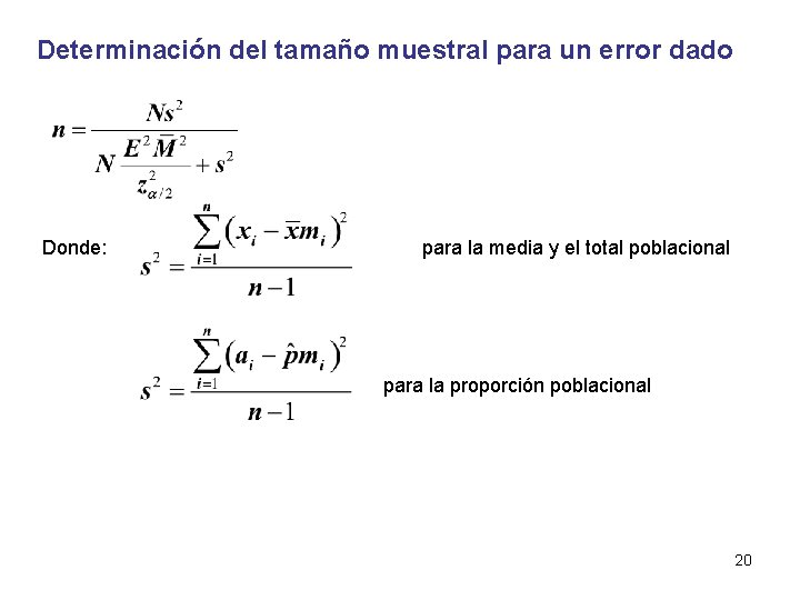 Determinación del tamaño muestral para un error dado Donde: para la media y el