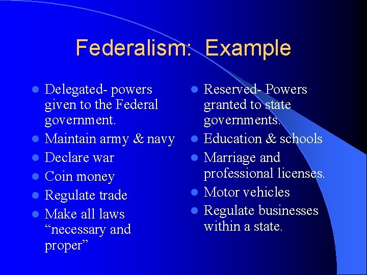 Federalism: Example l l l Delegated- powers given to the Federal government. Maintain army Federalism: Example l l l Delegated- powers given to the Federal government. Maintain army