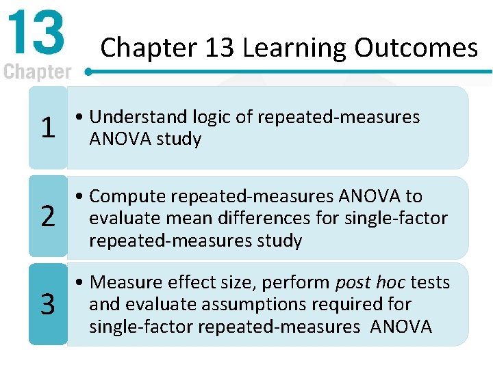 Chapter 13 Learning Outcomes 1 • Understand logic of repeated-measures ANOVA study 2 •