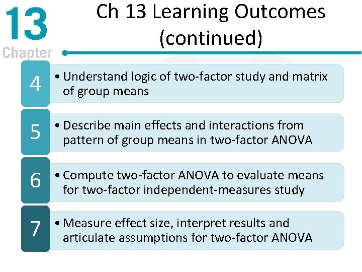 Ch 13 Learning Outcomes (continued) 4 • Understand logic of two-factor study and matrix