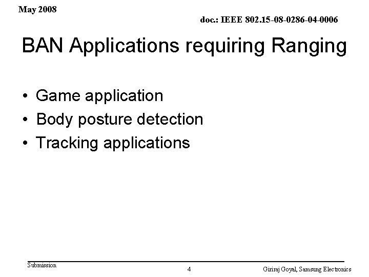 May 2008 doc. : IEEE 802. 15 -08 -0286 -04 -0006 BAN Applications requiring