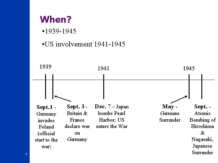 When? • 1939 -1945 • US involvement 1941 -1945 1939 Sept. 1 Germany invades