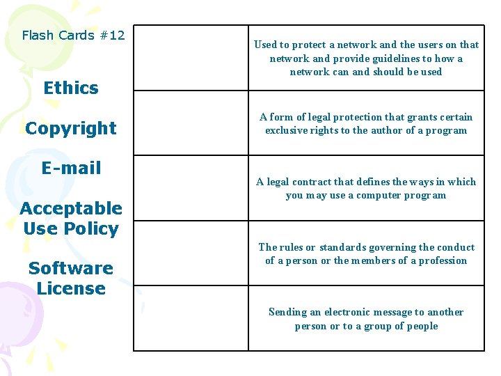 Flash Cards #12 Ethics Copyright E-mail Acceptable Use Policy Software License Used to protect