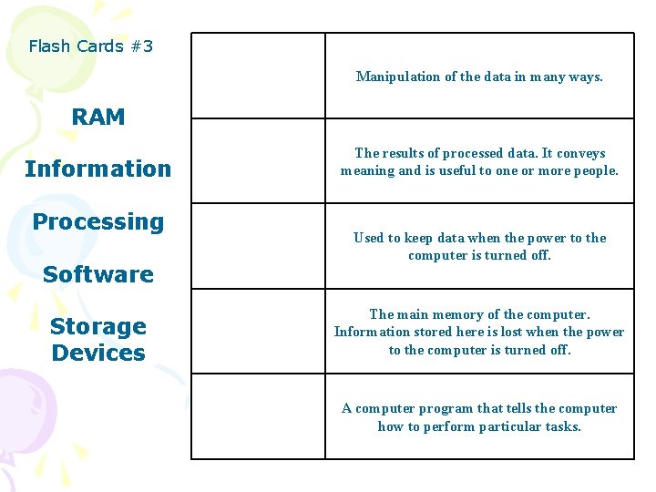 Flash Cards #3 Manipulation of the data in many ways. RAM Information Processing Software