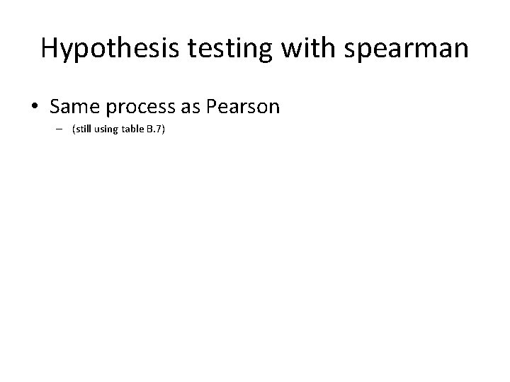 Hypothesis testing with spearman • Same process as Pearson – (still using table B.