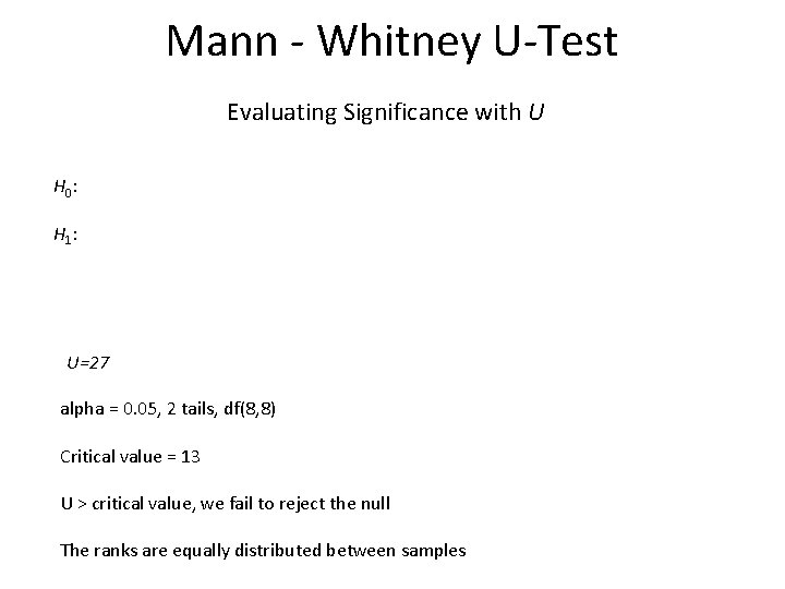 Mann - Whitney U-Test Evaluating Significance with U H 0: H 1: U=27 alpha