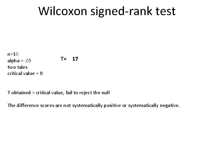 Wilcoxon signed-rank test n=10 alpha =. 05 two tales critical value = 8 T=