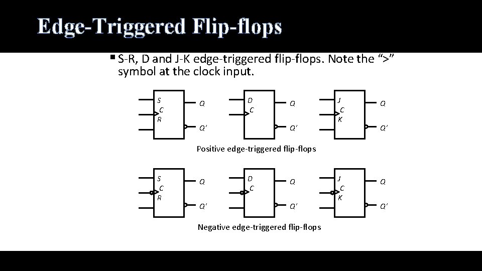 Edge-Triggered Flip-flops § S-R, D and J-K edge-triggered flip-flops. Note the “>” symbol at